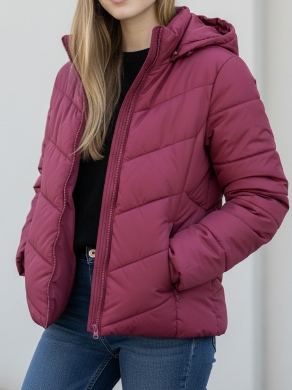wonder nation Hooded Quilted Puffer Jacket in Berry